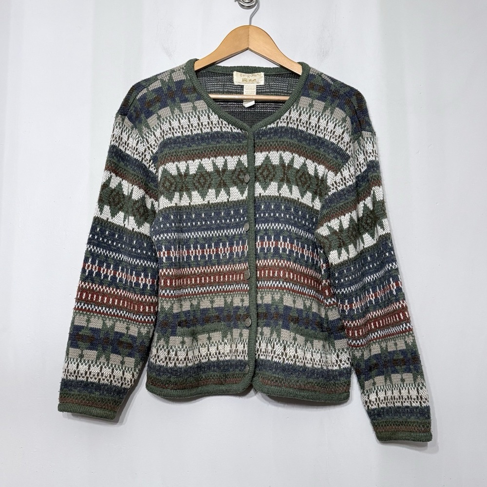 VTG Tally Ho Cardigan Sweater Fair Isle Earthtones Cottage Acrylic Grandma P L